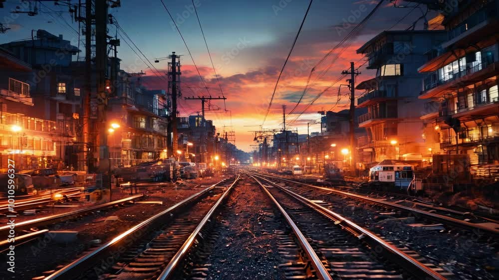 Tranquil sunset over railway tracks in an urban neighborhood at dusk Tranquil sunset over railway tracks in an urban neighborhood at dusk