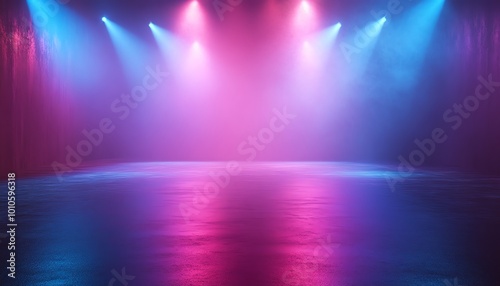 Banner background showing an empty stage with vibrant spotlights and a generous area for copy space  suitable for promotional uses
