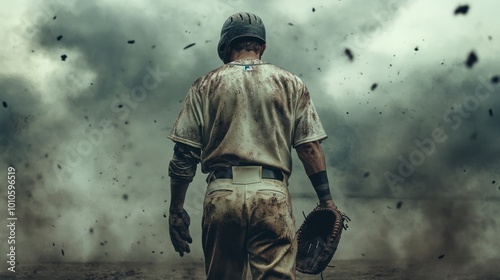 A Mud-Covered Baseball Player Stands in a Dust Storm