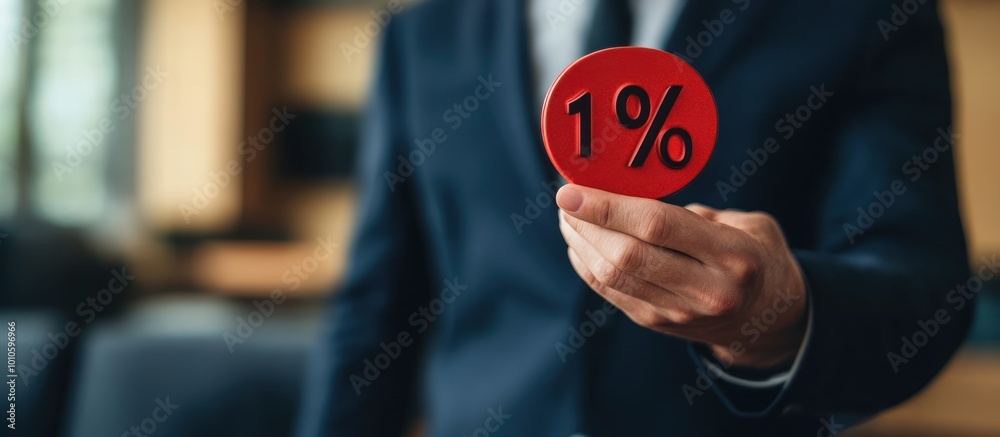 Businessman holding a red circle with 1% written on it. Businessman holding a red circle with 1% written on it.
