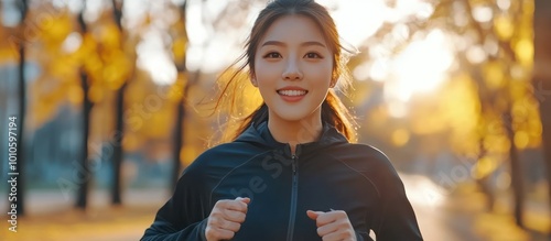 Smiling woman jogging in a park with autumn leaves.