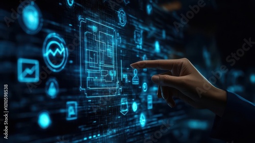 Businessperson pointing at a floating brand blueprint hologram, abstract marketing strategy icons around, photorealistic, no face