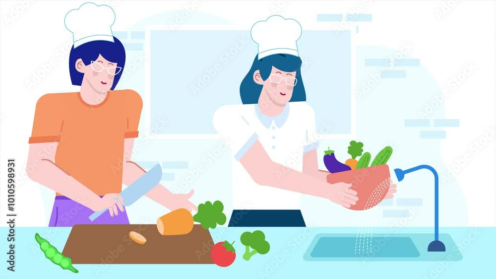 chefs preparing fresh vegetables together in a modern kitchen setting illustration animated video chefs preparing fresh vegetables together in a modern kitchen setting illustration animated video