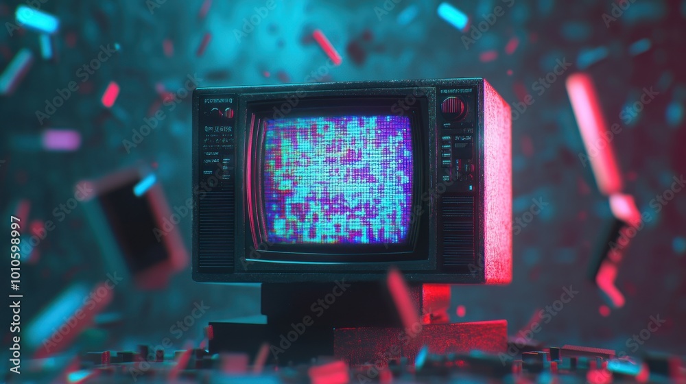 Retro TV with static screen and colorful lights. Retro TV with static screen and colorful lights.