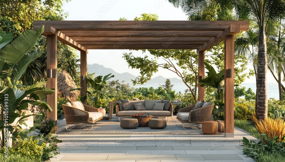 Modern patio with a pergola, fire pit, and sectional sofa for upscale outdoor living. Modern patio with a pergola, fire pit, and sectional sofa for upscale outdoor living.