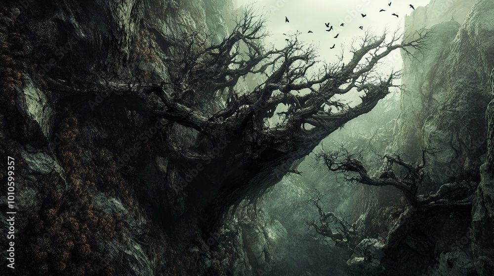 Dark Forest Landscape: Foggy Mountain Path with Dead Tree Dark Forest Landscape: Foggy Mountain Path with Dead Tree