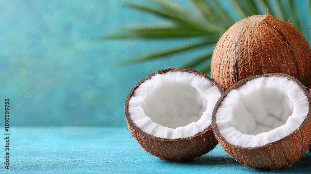 Fresh Coconut Halves on Blue Background with Palm Leaf Fresh Coconut Halves on Blue Background with Palm Leaf