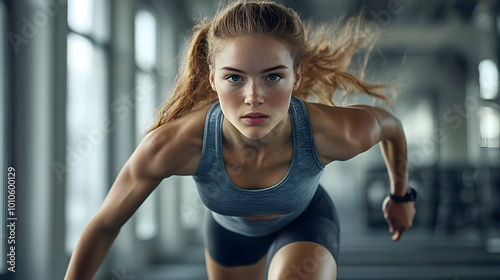 Strong Woman Prepares to Run a Race in a Gym