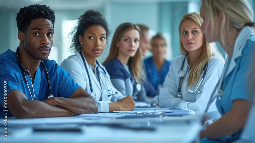Diverse doctors and nurses seated at a table, discussing patient care protocols, photorealistic hospital setting, collaborative planning Diverse doctors and nurses seated at a table, discussing patient care protocols, photorealistic hospital setting, collaborative planning