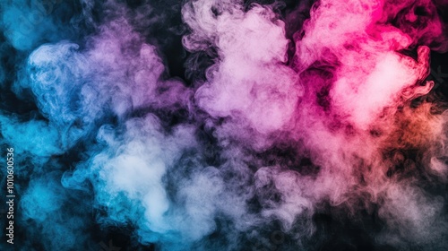 A moody, abstract image of flowing pink, purple, and blue smoke, illuminated against a dark, deep background.