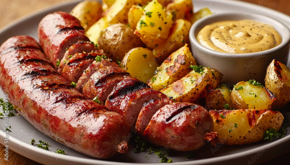 A plate featuring grilled sausages, roasted potatoes, and a small bowl of mustard, showcasing a hearty meal. A plate featuring grilled sausages, roasted potatoes, and a small bowl of mustard, showcasing a hearty meal.