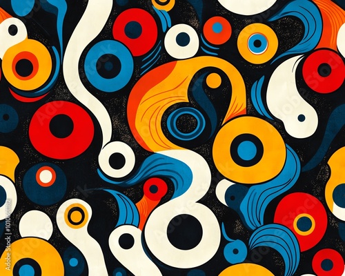 Pop artinspired seamless pattern with bold red, blue, and yellow colors, creating a whimsical and playful design photo