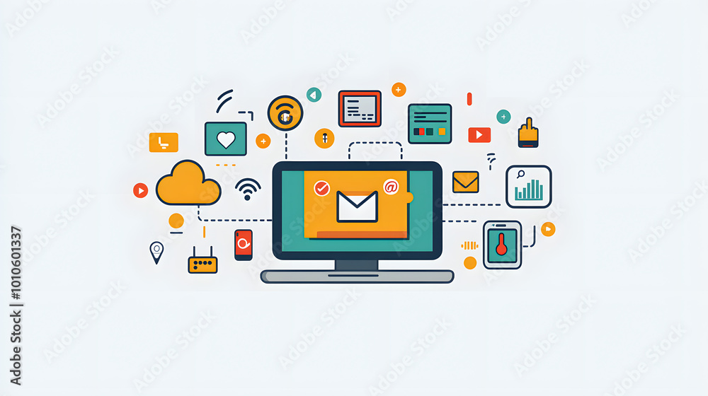 Illustration of a computer screen surrounded by various digital communication icons and symbols, representing online messaging. Illustration of a computer screen surrounded by various digital communication icons and symbols, representing online messaging.