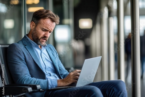 Businessman with a laptop open, frustrated by a delayed flight, sitting by the airport gate, photorealistic