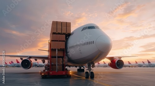 Cargo Plane Loading Freight at Sunset Airport Logistics