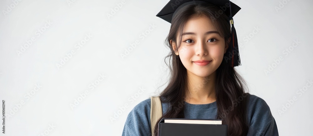 A young woman in a graduation cap and gown smiles while holding a book. A young woman in a graduation cap and gown smiles while holding a book.
