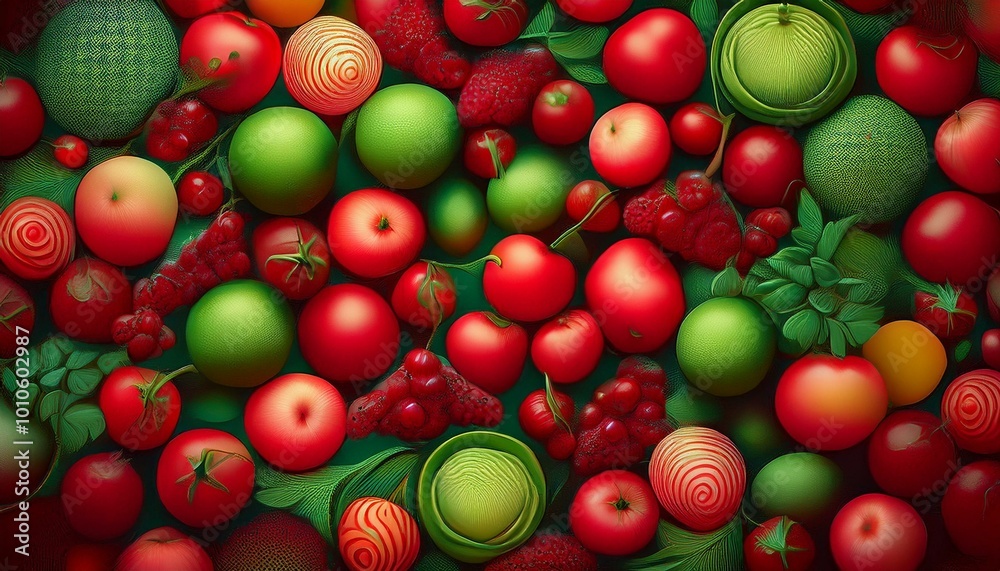 background of red and green fruits and vegetables background of red and green fruits and vegetables