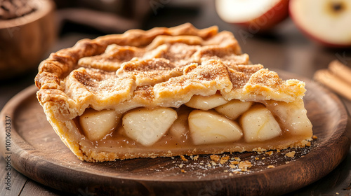 Apple Pie Slice on Wooden Plate