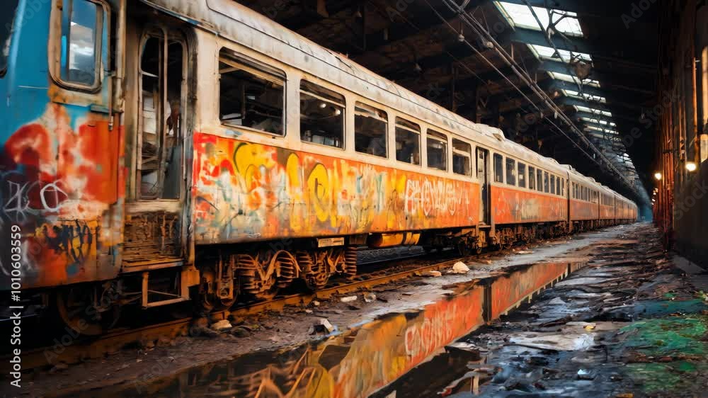 Abandoned train covered in graffiti inside a dark warehouse at dusk Abandoned train covered in graffiti inside a dark warehouse at dusk