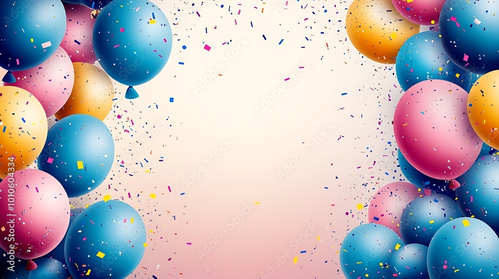 Festive background with colorful balloons and confetti, perfect for birthday, party, celebration, or special event. Festive background with colorful balloons and confetti, perfect for birthday, party, celebration, or special event.