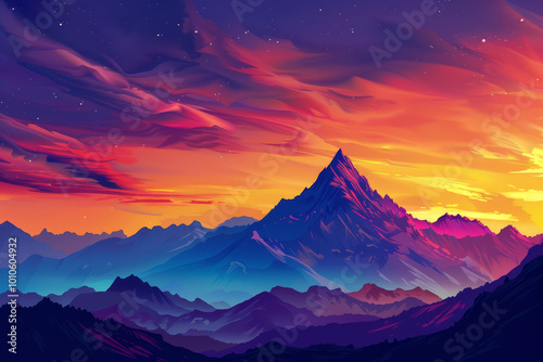 A mountain range with a purple and orange sky