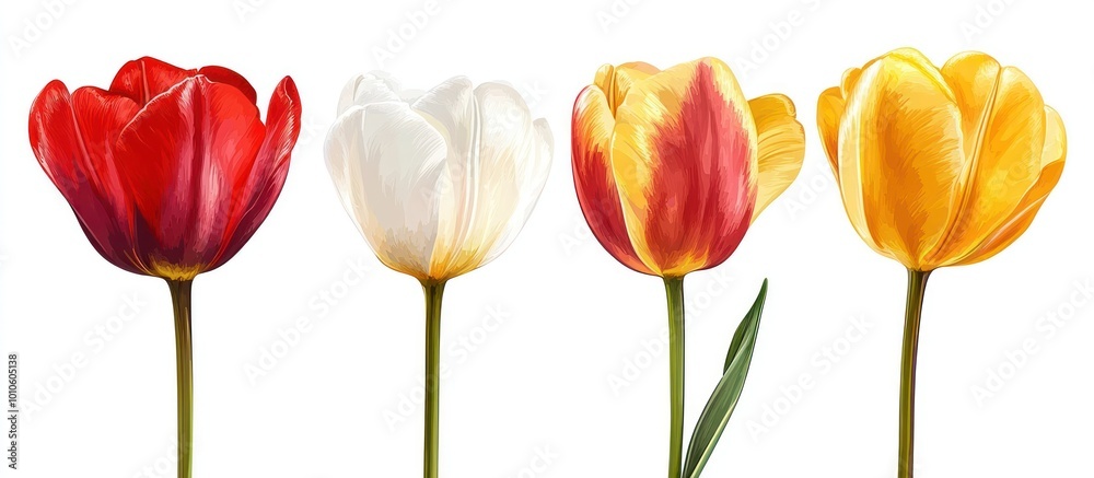 Four tulips in red, white, yellow and orange-red colors isolated on white background. Four tulips in red, white, yellow and orange-red colors isolated on white background.