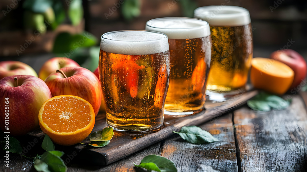 Three Glasses of Apple Cider with Apples and Oranges on a Wooden Table Three Glasses of Apple Cider with Apples and Oranges on a Wooden Table