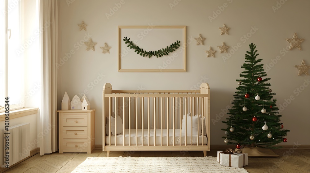 A wintery wonderland nursery with a touch of Christmas cheer, featuring a small tree, sparkling ornaments, and a soft rug.