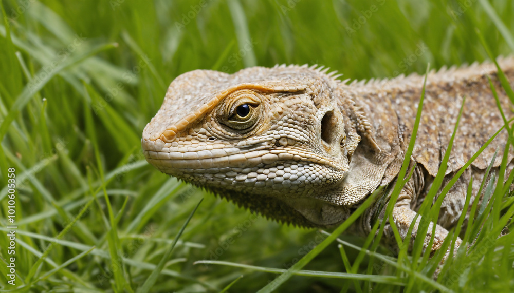 Macro view of a lizard camouflaged in the grass, capturing the texture of its skin and the fine details of the grass blades around it. Macro view of a lizard camouflaged in the grass, capturing the texture of its skin and the fine details of the grass blades around it.