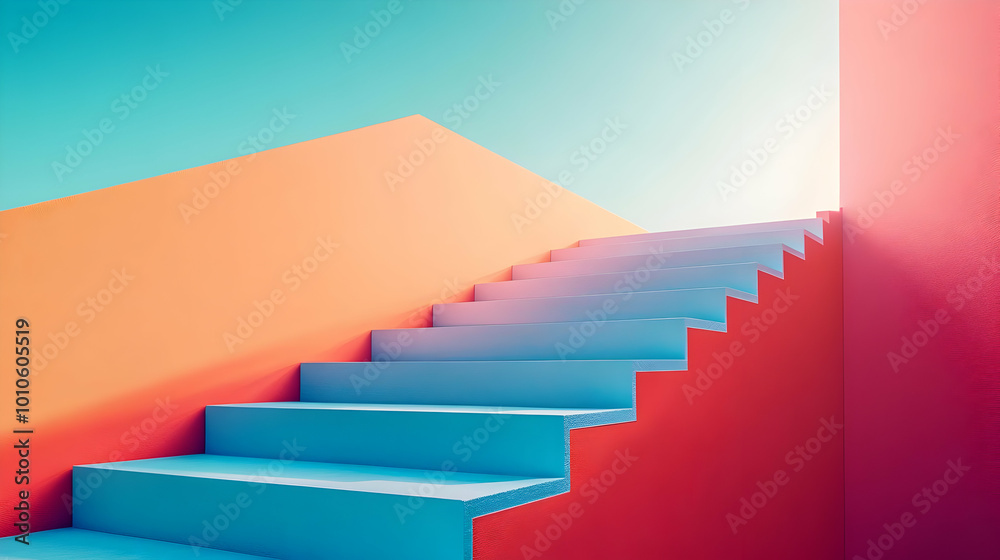 Blue Stairs Against Red and Orange Walls