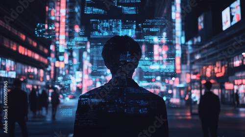 Cyberpunk Silhouette in Neon City Lights