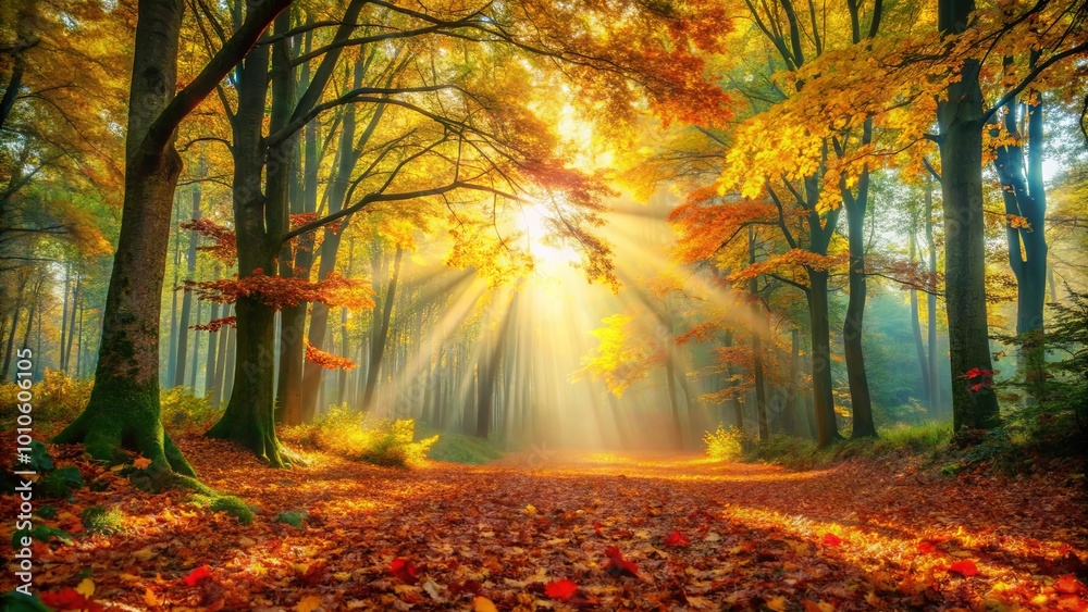 Fototapeta premium Golden Sunlight Illuminates a Path Through an Autumn Forest, Creating a Dramatic and Enchanting Scene