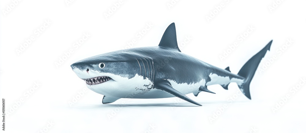 Naklejka premium A great white shark swims with its mouth open in a white background.