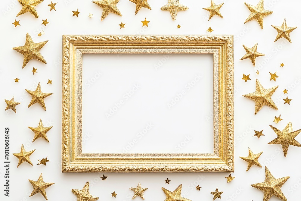 Gold frame with gold stars on white background. Flat lay, top view, copy space with generative ai Gold frame with gold stars on white background. Flat lay, top view, copy space with generative ai
