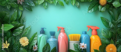 Colorful detergent bottles and brushes arranged in a spring cleaning setting, surrounded by lively green leaves and seasonal ambiance photo