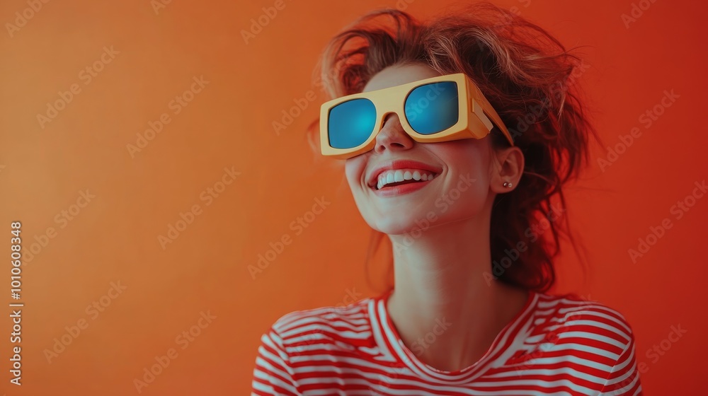 A young woman with a bright smile and blue sunglasses is looking up against an orange background. A young woman with a bright smile and blue sunglasses is looking up against an orange background.
