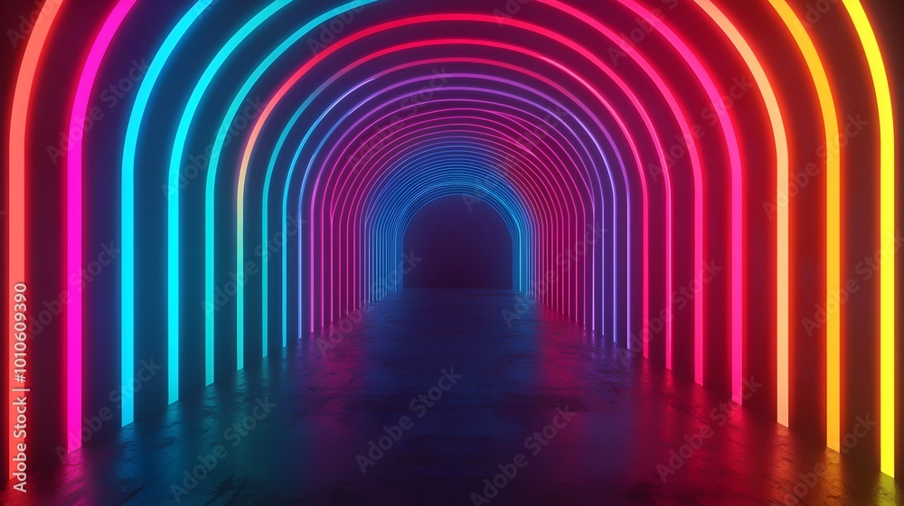 Vibrant neon-lit tunnel with colorful arches Vibrant neon-lit tunnel with colorful arches