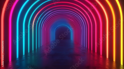 Vibrant neon-lit tunnel with colorful arches