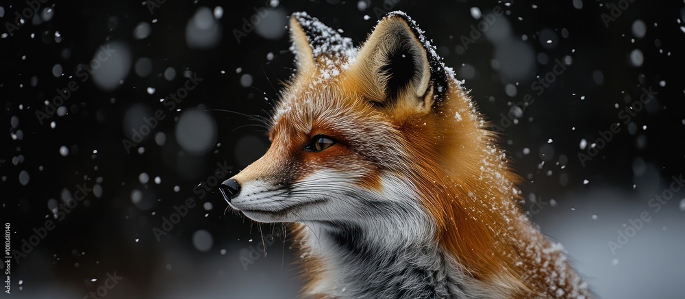A red fox in the snow, looking to the side, with snow falling around it. A red fox in the snow, looking to the side, with snow falling around it.