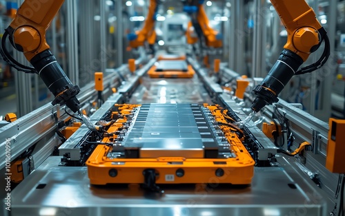 Detailed closeup of electric vehicle battery cell assembly line, highlighting advanced machinery and highquality components