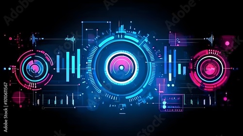 Abstract Futuristic Technology Background with Neon Lights and Circles