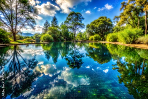Crystal clear pond reflecting blue sky and fluffy clouds