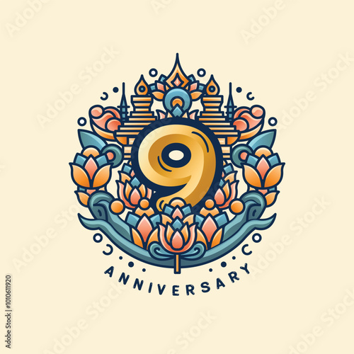 A 9th anniversary logo on a cream and brown pastel background, with a golden '9' surrounded by lotus flowers and Thai stupas. Soft orange, teal, and gold blend to reflect elegance and culture.