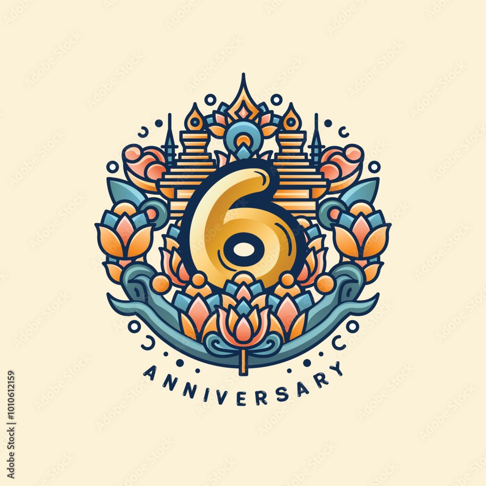 Φωτογραφία A 6th anniversary logo on a cream and brown pastel background, with a golden '6' surrounded by lotus flowers and Thai stupas
