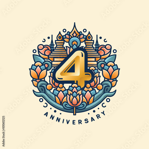 A 4th anniversary logo on a cream and brown pastel background, with a golden '4' surrounded by lotus flowers and Thai stupas. Soft orange, teal, and gold blend to reflect elegance and culture.