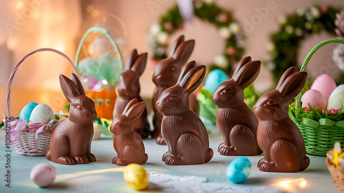 Charming chocolate bunnies and colorful Easter eggs creatively arranged with festive baskets photo