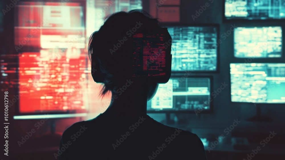 Silhouette of a Person with Red Code Projected onto Their Head in Front of Computer Screens Silhouette of a Person with Red Code Projected onto Their Head in Front of Computer Screens