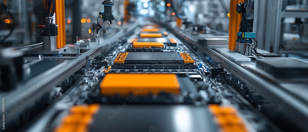 Modern mass production assembly line for electric vehicle battery cells, detailed closeup view of the manufacturing and assembly process
