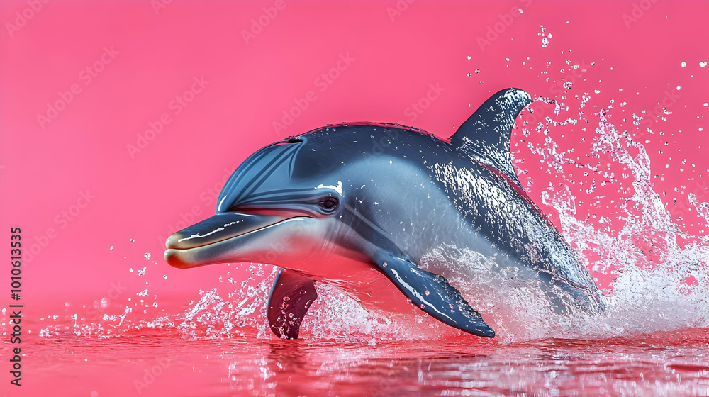 Fototapeta premium Dolphin Leaping Through Pink Water