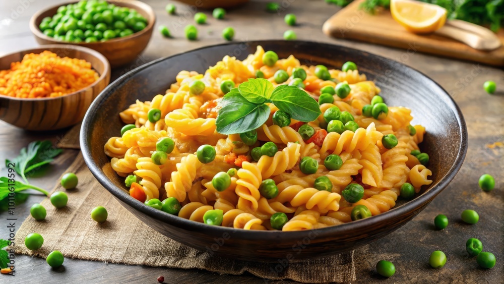 Gluten-Free Vegan Red Lentil Pasta with Green Peas and Cauliflower Puree - Healthy Mac and Cheese for Celiac Gluten-Free Vegan Red Lentil Pasta with Green Peas and Cauliflower Puree - Healthy Mac and Cheese for Celiac